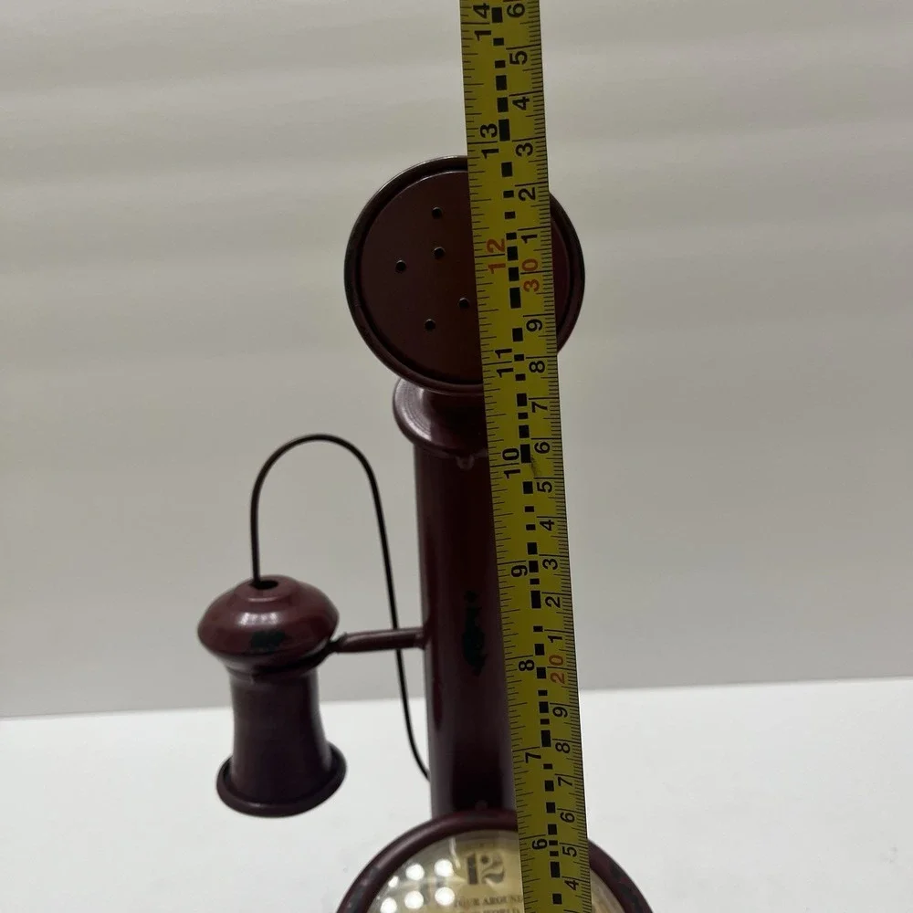 Vintage-Style Clock Red Antiqued Candlestick Phone Shaped Metal Distressed 13